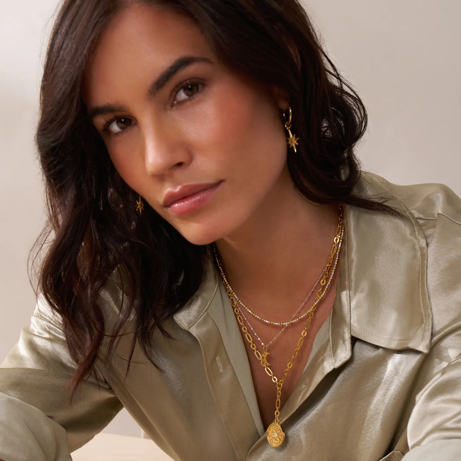 Mixed Metal Delicate Cube Chain Starry Moon Necklace - Image 3